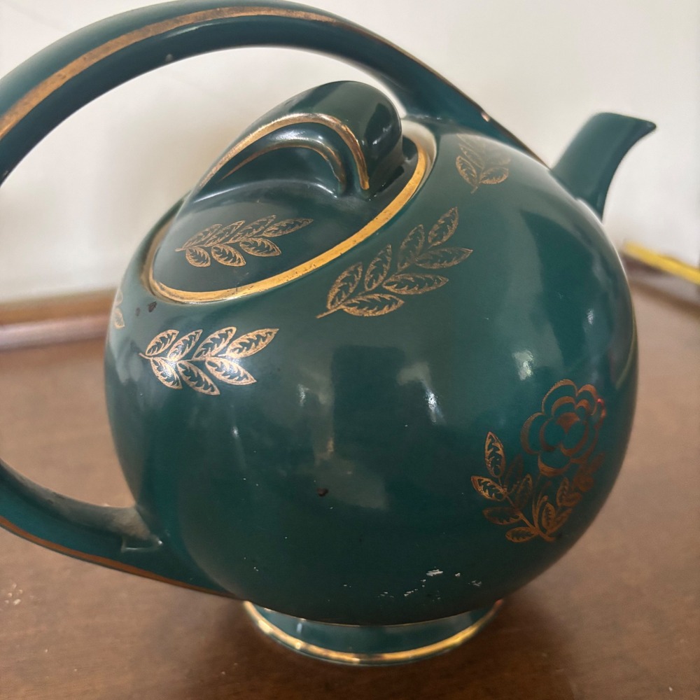 Vintage Hall China Emerald Green Gold Filigree Art Deco Mid Century Teapot - Picture 2 of 5